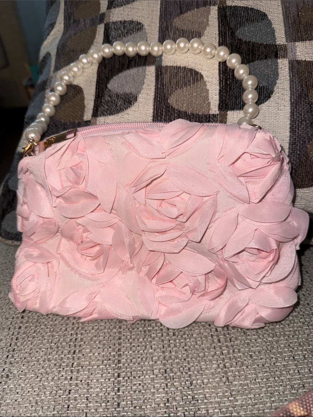 Pearl-Handle Pink Floral Appliqué Clutch